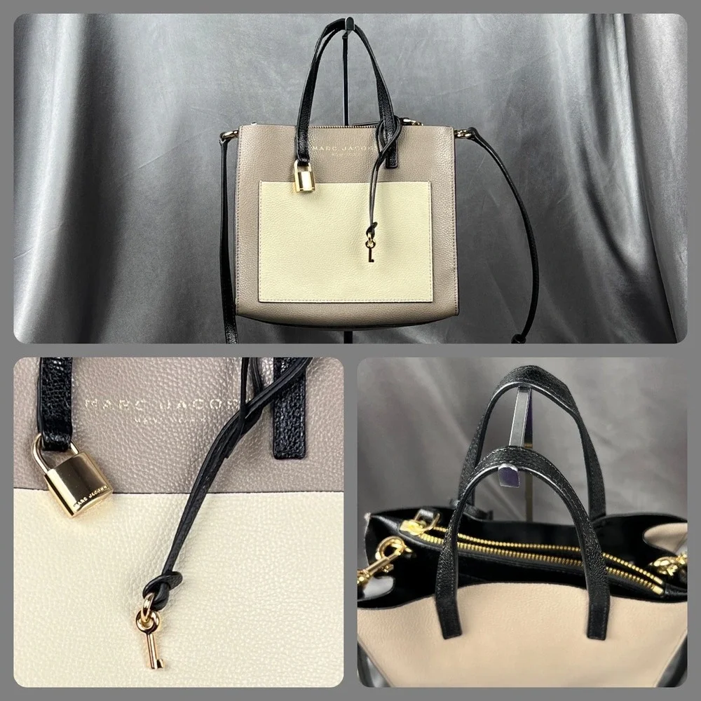 Marc Jacobs Mini Grind Lock Key Tote Bag Beige Leather Top Handle Crossbody 13”